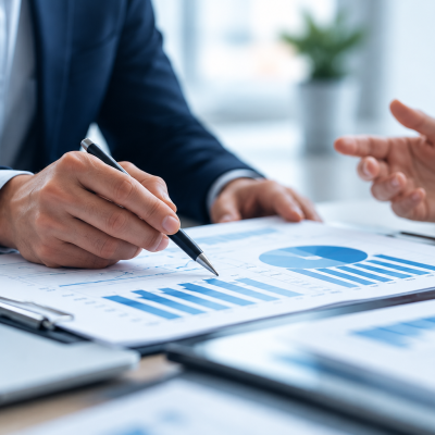 Réunion d’affaires autour de graphiques financiers